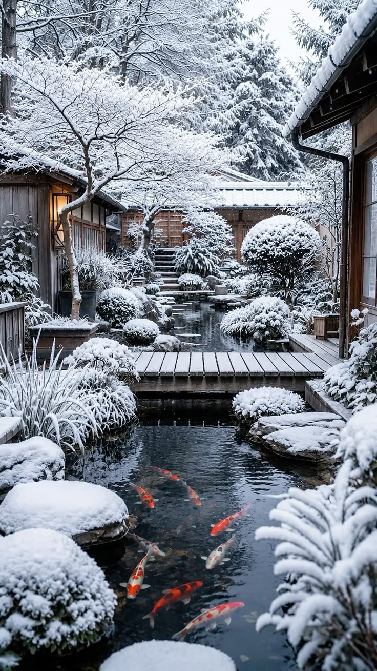 Snow covered Japanese garden