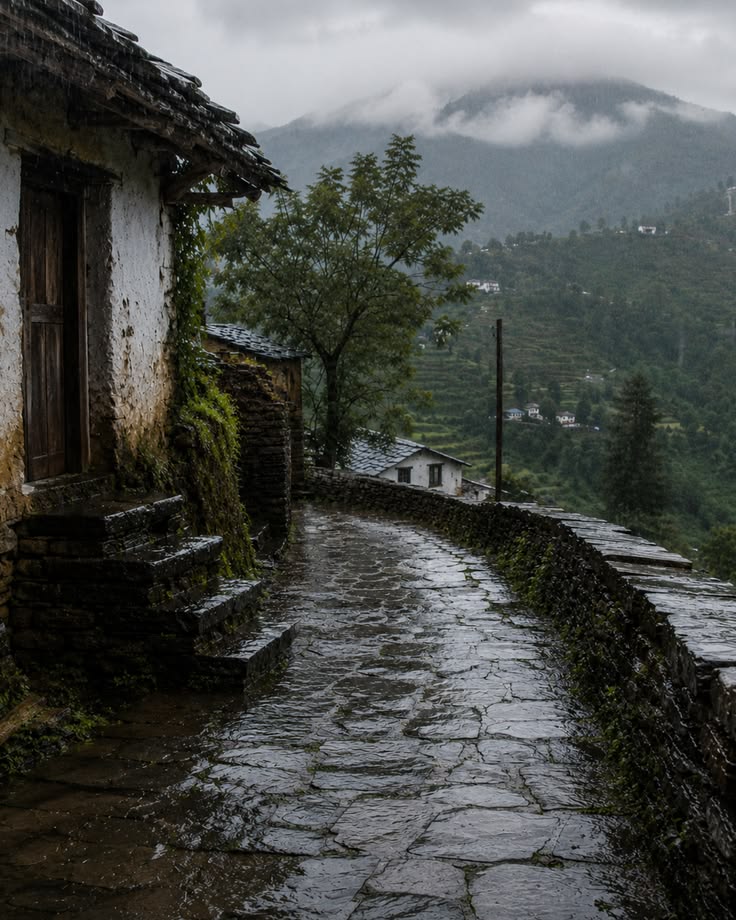Rain on stone path